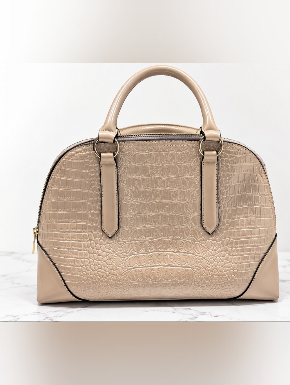 Beige Croc Embossed Structured Satchel Handbag Top Handle Chic Neutral Purse